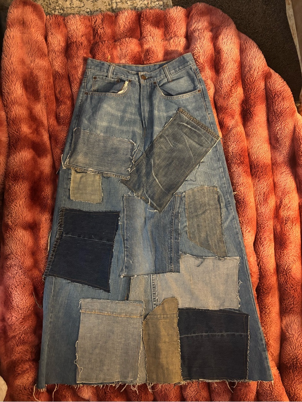 Levi's Patchwork Denim Midi Skirt in Various Blues
